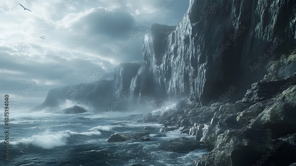 Aufkleber Expansive view of a rocky coastline with waves crashing symmetrically against cliffs, creating dynamic patterns in the water below. No text, no logo, wide angle shot, cinematic scene, 4k resolution