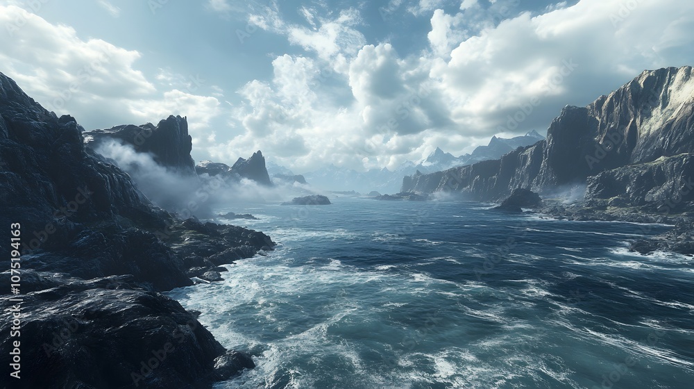Poster Expansive view of a rocky coastline with waves crashing symmetrically against cliffs, creating dynamic patterns in the water below. No text, no logo, wide angle shot, cinematic scene, 4k resolution