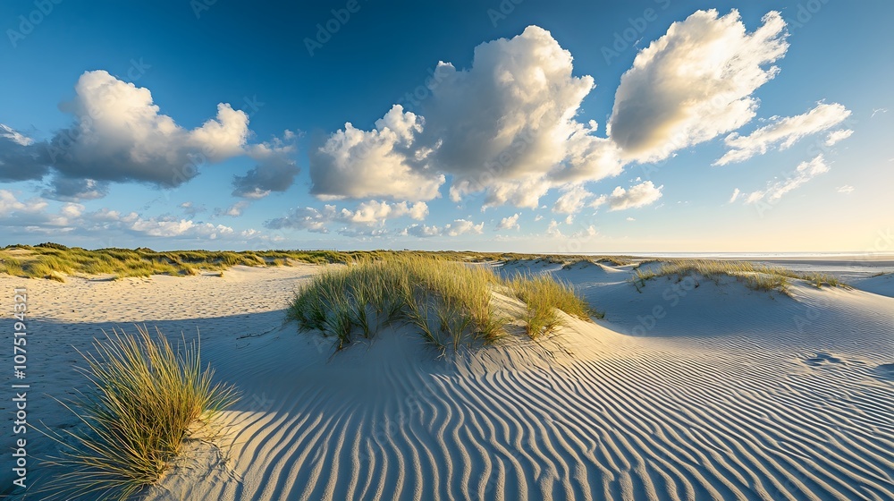 Aufkleber expansive view of sand dunes with symmetrical ridges and valleys, casting deep shadows under the lat