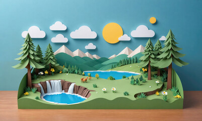 A papercraft landscape features a waterfall, lake, and mountains under a sunny sky
