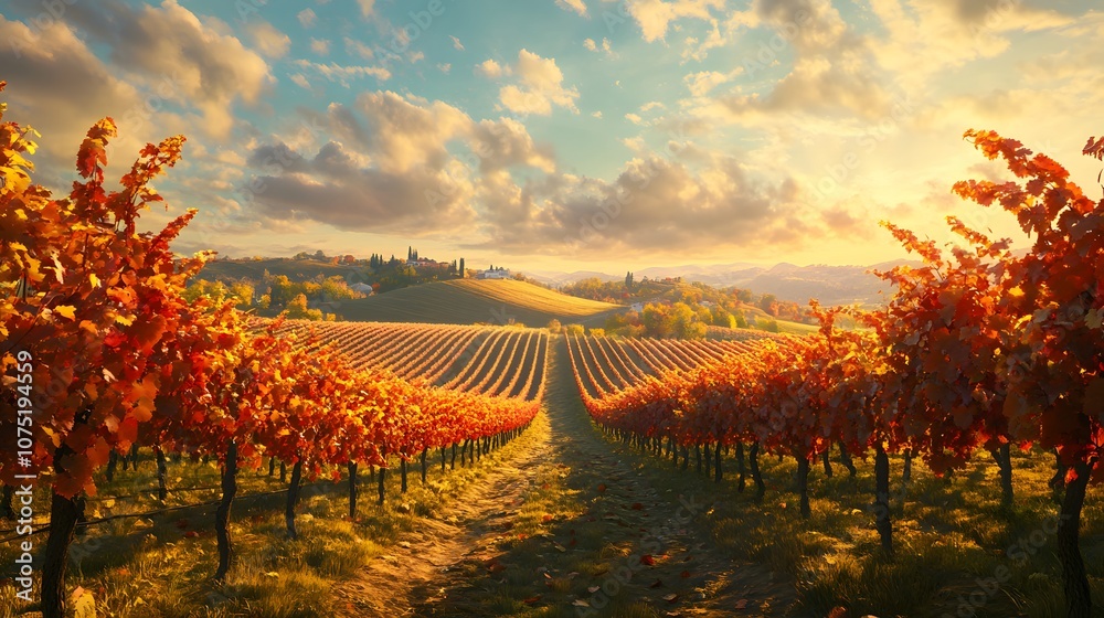 Poster high perspective of a vineyard during autumn, with rows of grapevines arranged symmetrically across 