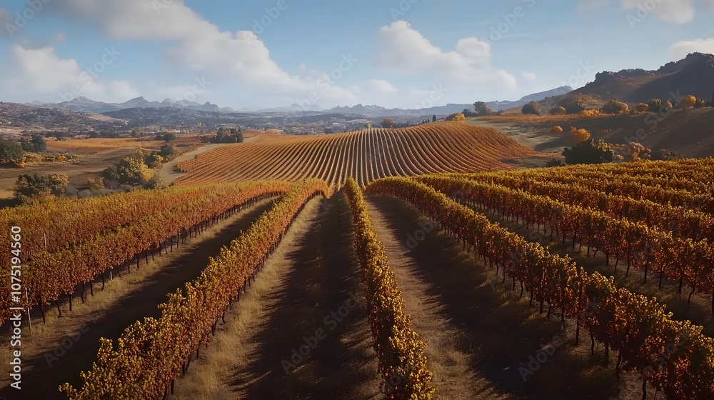 Poster high perspective of a vineyard during autumn, with rows of grapevines arranged symmetrically across 