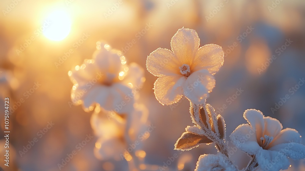 Poster close-up of delicate white flowers covered in frost with the sun setting in the background.