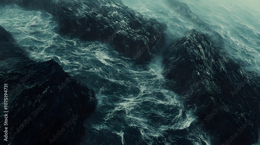 Poster aerial view of a rugged coastline with natural rock formations creating a symmetrical, abstract patt