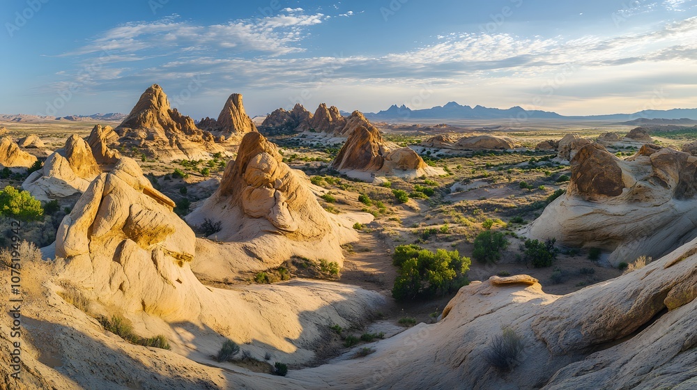 Poster expansive view of symmetrical rock formations in a desert landscape, with shadows accentuating the b
