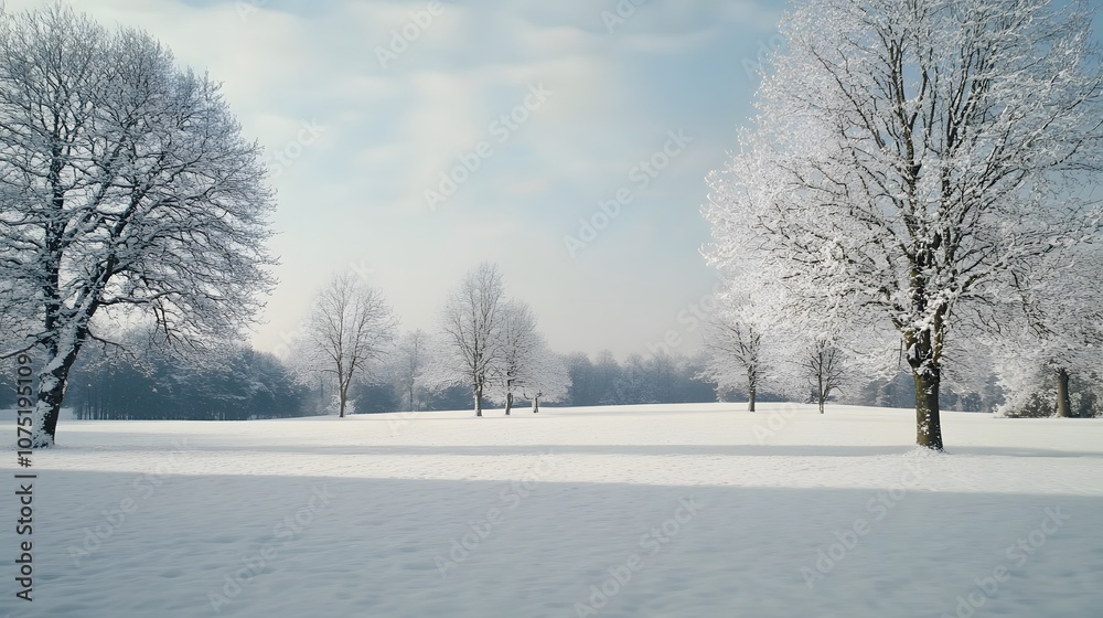 Aufkleber expansive view of a snowy landscape with symmetrical tree clusters, forming natural patterns in the 