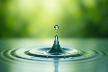 Tranquil Water Drop Falling in Green Reflection with Soothing Ripples