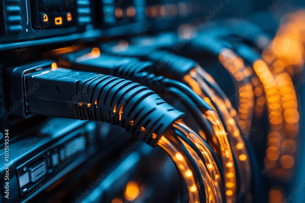 Poster Close-up of ethernet cables connected to server rack with glowing lights.