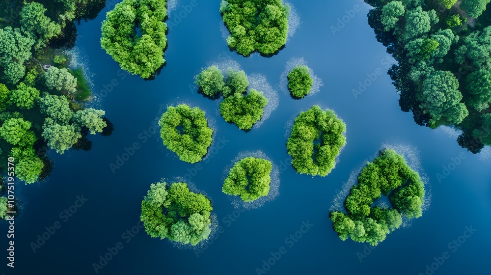 Poster bird s-eye view of a beautiful lake with small islands symmetrically placed, with trees and bushes c