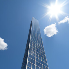 Fototapeta premium Futuristic skyscraper with transparent solar panels, reaching towards bright blue sky. sun shines brightly, enhancing modern architectural design
