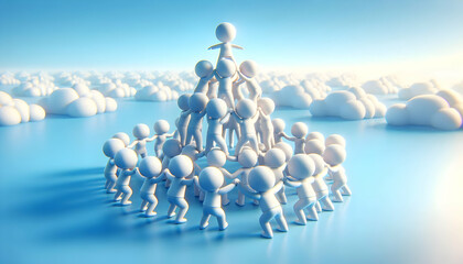 3D Soft Abstract Human Pyramid Image Teamwork Trust Group Bonding Blue Sky Background Coordination Mutual Support Copy Space