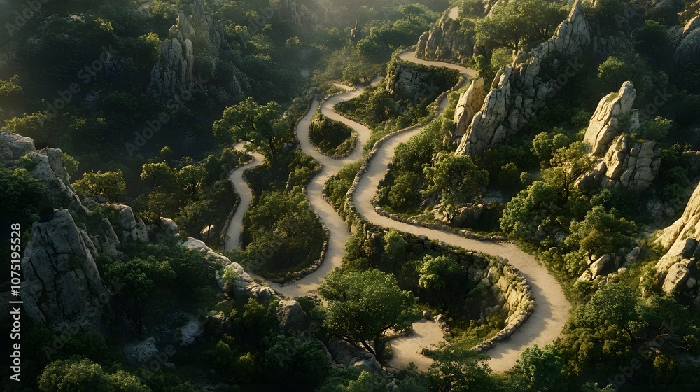 Poster aerial shot of symmetrical, winding mountain paths cutting through a forested area, with trees and r