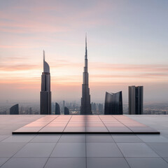 Obraz premium Futuristic skyscrapers at sunset with transparent solar panels capturing sunlight. skyline showcases modern architecture and innovative design