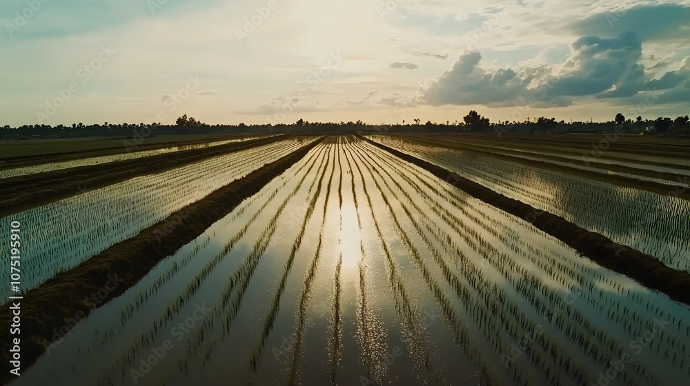 Poster bird s-eye view of a rice field flooded with water, creating reflective symmetry as the planted rows