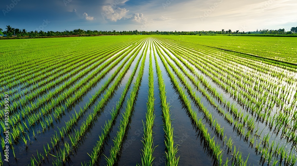 Poster Bird s-eye view of a rice field flooded with water, creating reflective symmetry as the planted rows line up under the bright sky. No text, no logo, wide angle shot, cinematic scene, 4k resolution