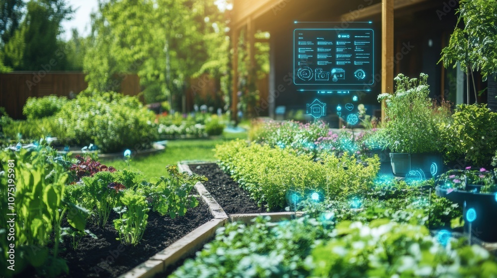 Poster this lush garden features advanced technology, including automated sprinklers and soil sensors, enha