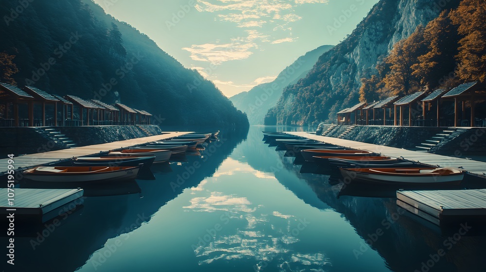 Poster High perspective of a lake with geometric dock structures extending symmetrically into the water, with boats docked neatly along each side. No text, no logo, wide angle shot, cinematic scene, 4k