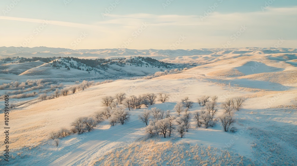 Aufkleber expansive shot of rolling hills covered in snow, with clusters of trees creating a symmetrical effec