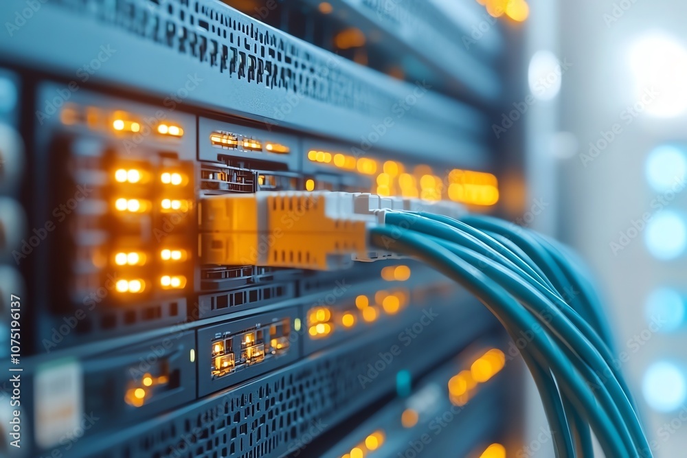 Poster Close-up of server rack with network cables connected.