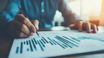 A person writes on a document featuring data graphs, analysis and planning in a business or financial context.