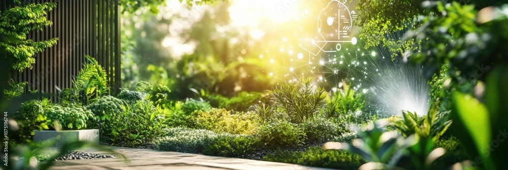 Poster a lush garden showcases advanced technology with automated sprinklers and soil sensors, thriving und