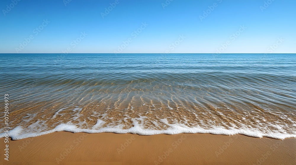 Poster expansive shot of ocean waves forming a symmetrical ripple effect as they approach a calm sandy beac