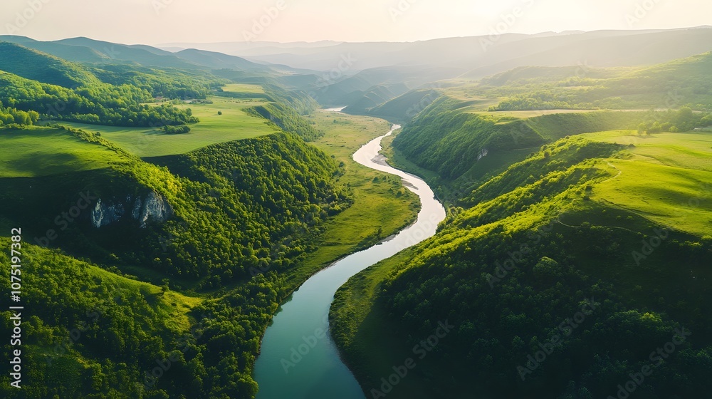 Poster aerial shot of a picturesque valley with a river running through the center, creating a symmetrical 