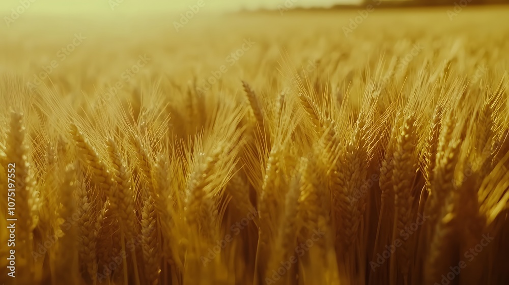 Aufkleber Expansive view of golden wheat fields swaying in the wind, with symmetrical rows running toward the horizon under a bright sky. No text, no logo, wide angle shot, cinematic scene, 4k resolution
