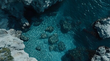 Obraz premium Bird s-eye view of a tropical beach with crystal-clear water, showing a symmetrical blend of shallow and deep sections in various shades of blue. No text, no logo, wide angle shot, cinematic scene,