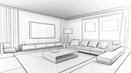 Modern Minimalist Living Room Interior Design in Black and White Sketch Style Featuring Large Windows and Contemporary Furniture