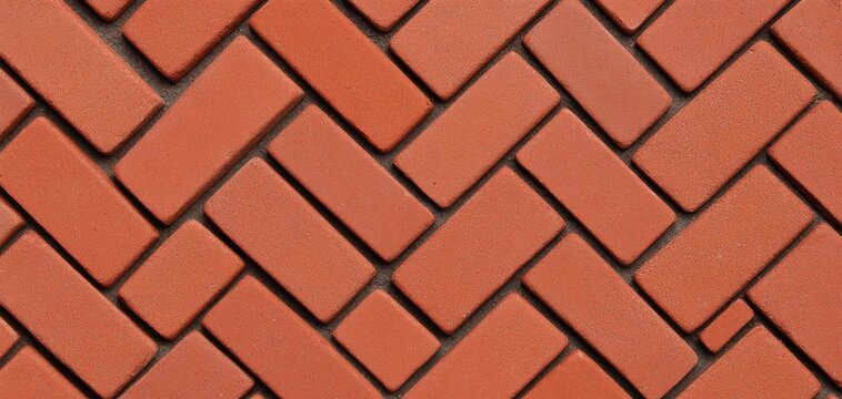 A pattern of red bricks arranged in a herringbone design, showcasing a textured surface interlocking in a distinctive geometric layout.