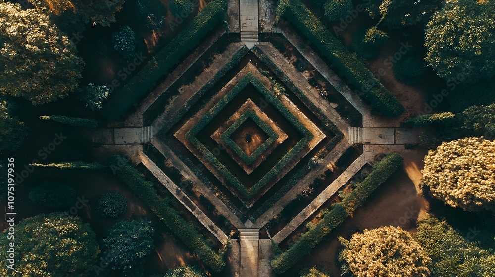 Poster Bird s-eye view of an intricate maze in a garden, with perfectly aligned hedges creating a symmetrical design from above. No text, no logo, wide angle shot, cinematic scene, 4k resolution