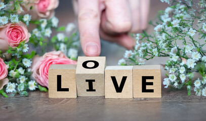 Cubes form the words live and love.