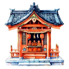 Fototapeta premium Watercolor Painting of a Traditional Japanese Shrine.