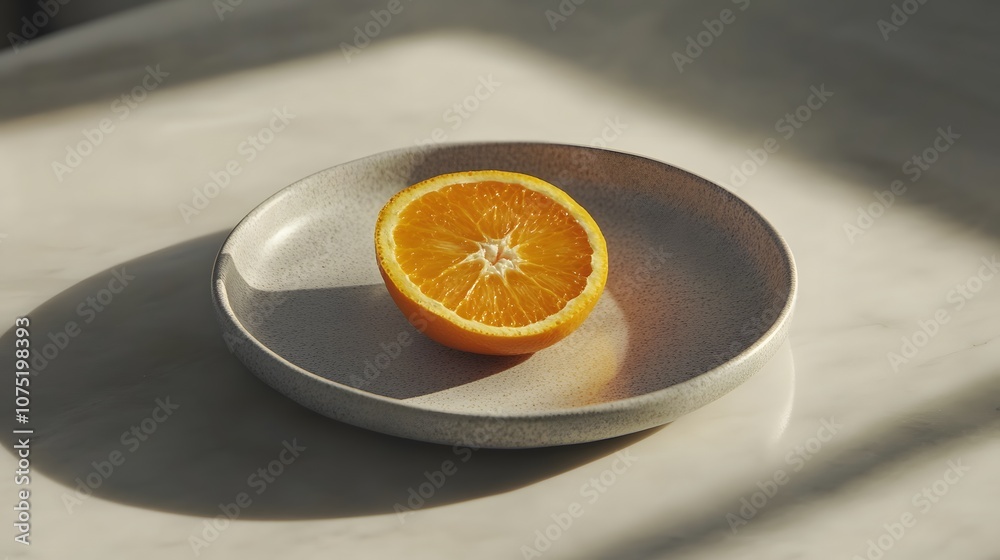 Poster a light gray ceramic plate with a single sliced orange placed artfully, creating a clean and balance