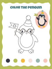 coloring page with a funny little penguin holding a flag