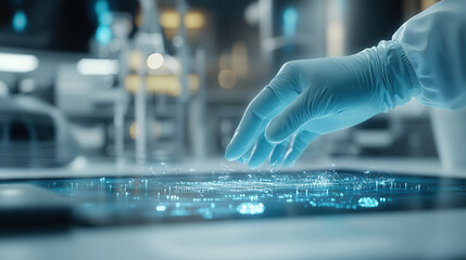 Fototapeta premium Advanced technology hand examining microchip in laboratory setting, showcasing innovation and precision in scientific research