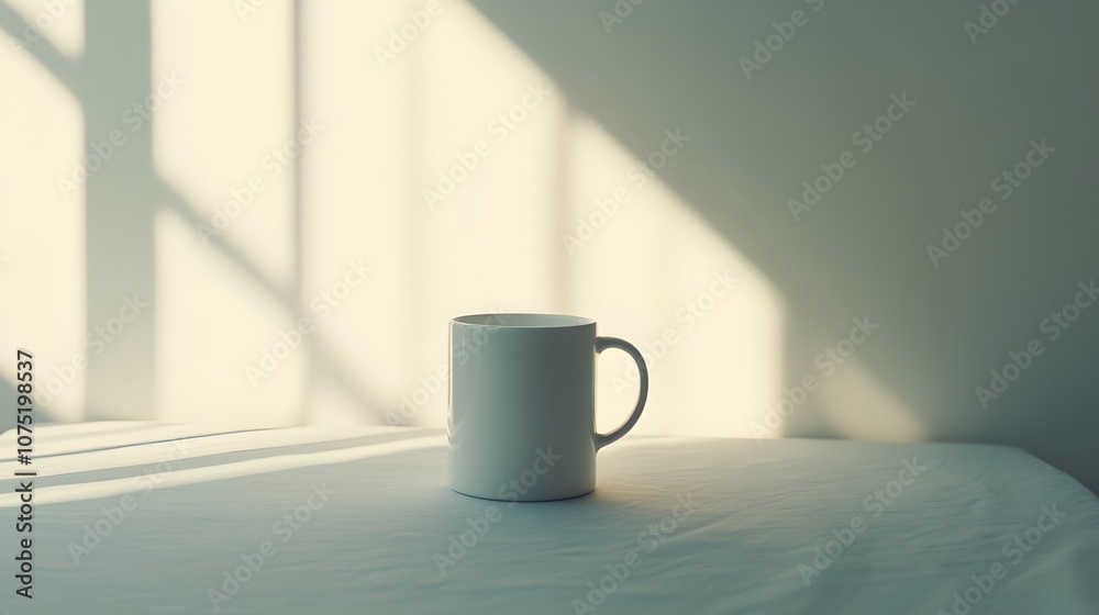Aufkleber a clean white mug placed on a plain table, with gentle light casting soft shadows to create a quiet 