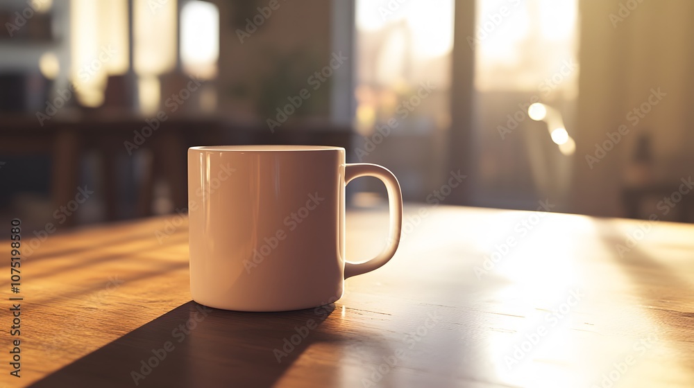 Poster a clean white mug placed on a plain table, with gentle light casting soft shadows to create a quiet 