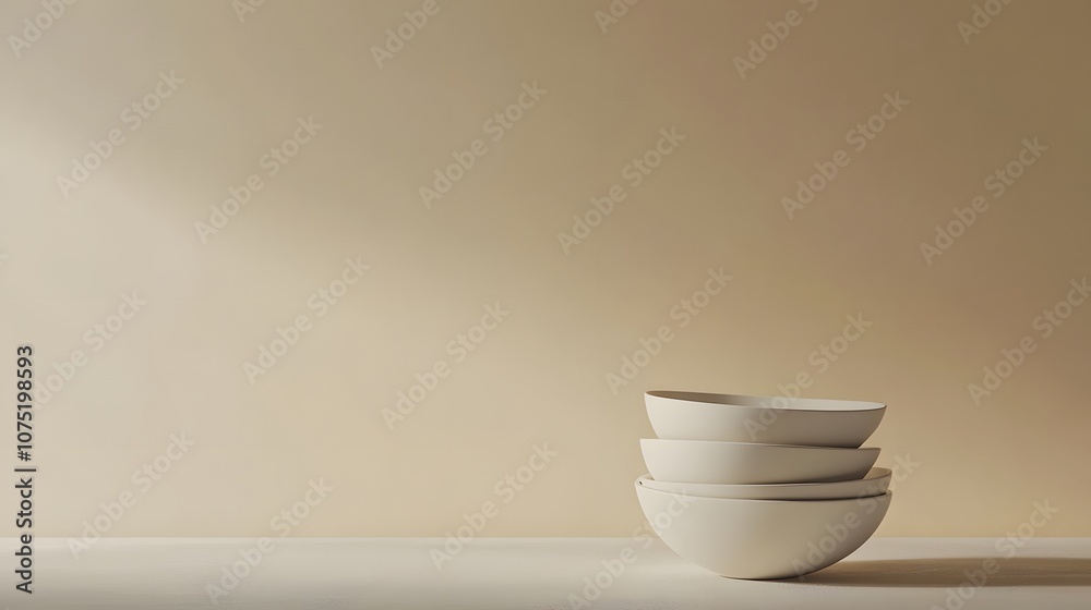 Poster a neutral background with a set of stacked white ceramic bowls, capturing the elegance of simple for