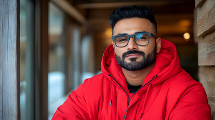 Obraz premium Portrait of a Man Wearing a Red Jacket and Glasses