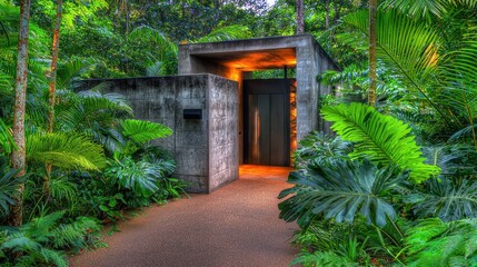 Obraz premium A modern concrete structure nestled in a lush tropical forest.