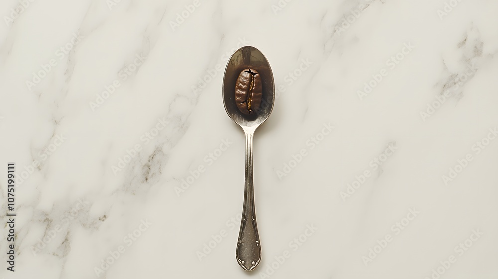 Aufkleber a minimalistic setup with a silver spoon and a single coffee bean placed on a white marble backgroun