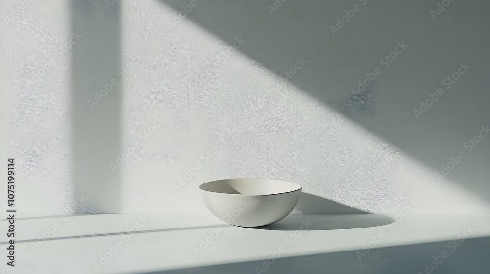 Poster a clean white surface with an empty ceramic bowl placed in the center, capturing the simplicity of a