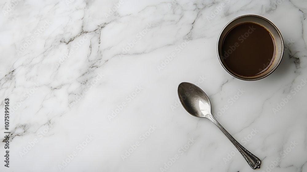 Aufkleber a minimalistic setup with a silver spoon and a single coffee bean placed on a white marble backgroun