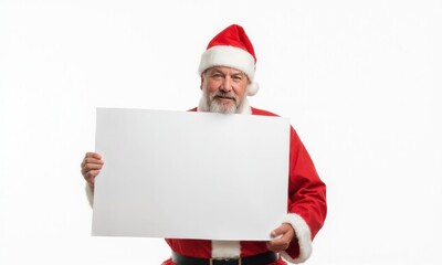Naklejka premium Man in red Santa suit holding blank sign on white background