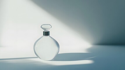 A smooth white surface with an elegant perfume bottle, casting a delicate shadow in a minimalist product photography style. No text, no logo, wide angle shot, cinematic scene, 4k resolution