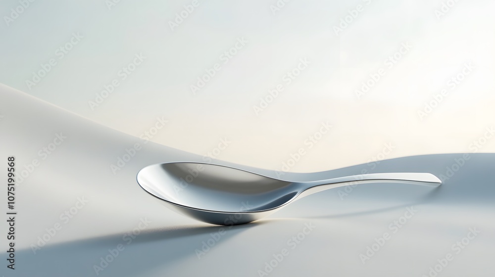 Poster a smooth white surface with a polished silver spoon placed diagonally, creating a clean and simple a