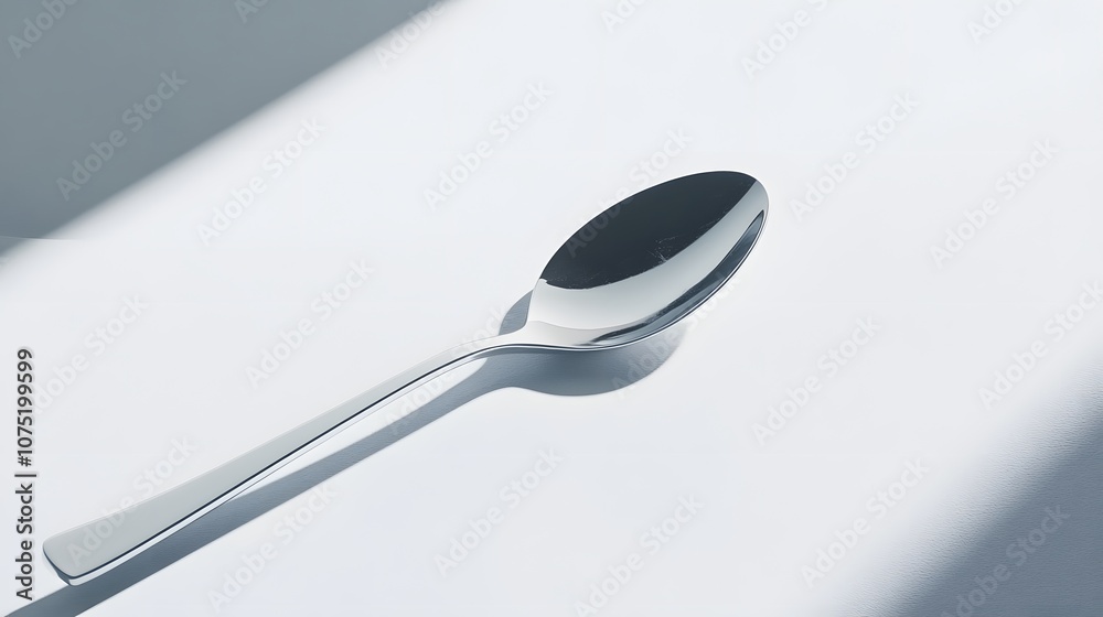 Aufkleber a smooth white surface with a polished silver spoon placed diagonally, creating a clean and simple a