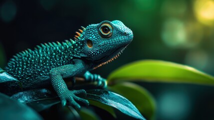 Fototapeta premium Vibrant blue lizard perched on green leaves in nature